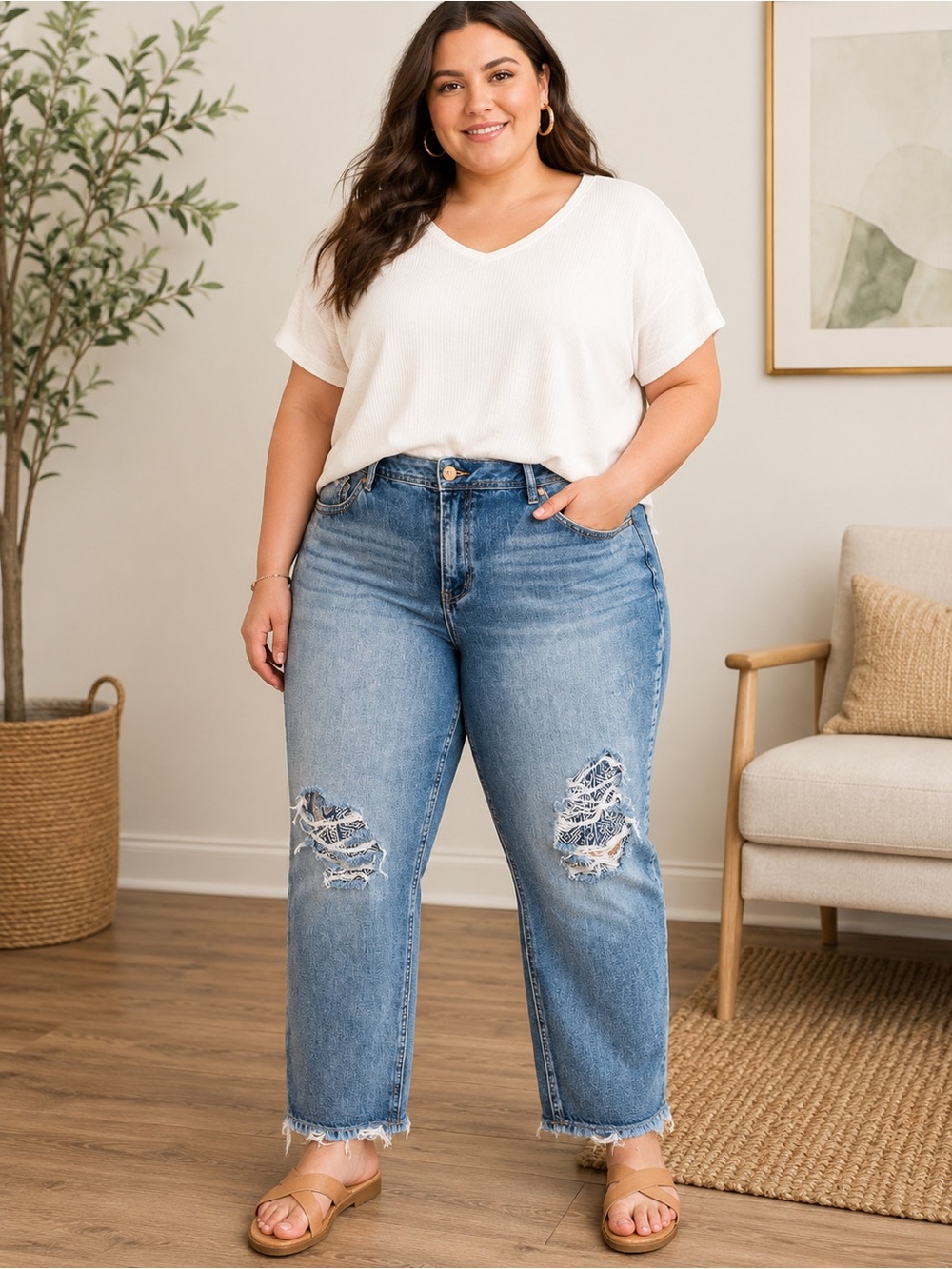 Plus Size Light Blue Distressed Straight Leg Jeans